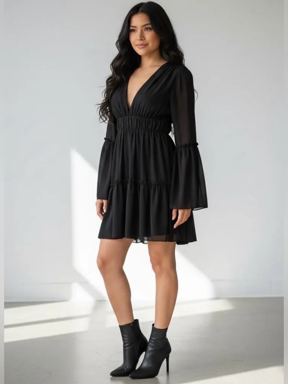 BRAND NEW WITH TAGS Elegant Black V-Neck Bell Sleeve Mini Dress